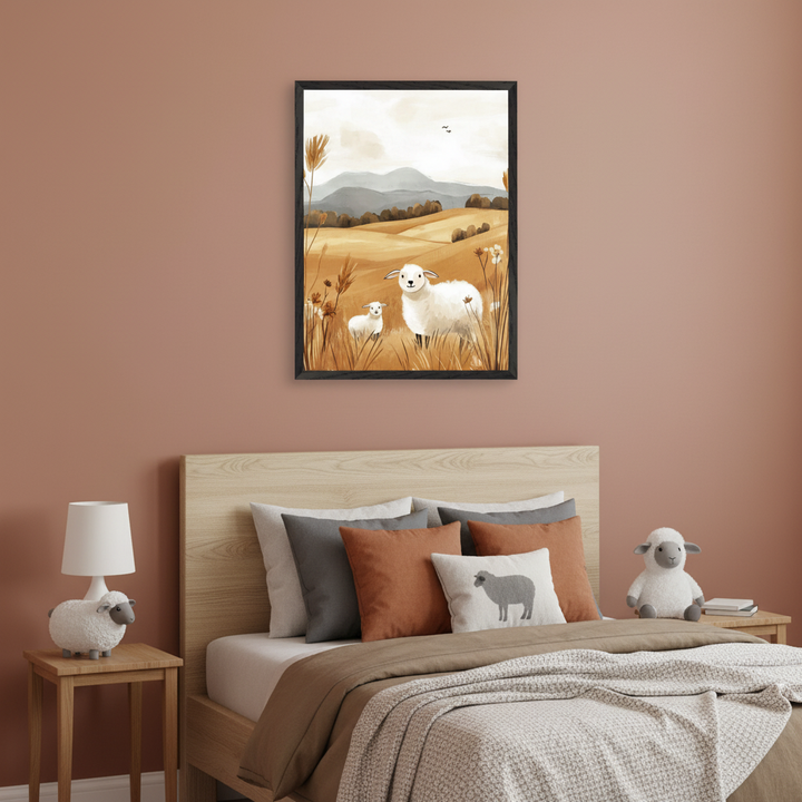 Kid's bedroom with terracotta walls and a light wood bed. A vertical framed artwork of a mother sheep and lamb in a golden field, painted style, hangs centered above the bed. The bed has grey and terracotta pillows. A sheep-shaped lamp is on the left nightstand.