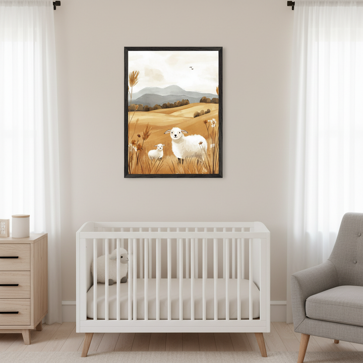 Modern nursery with a white crib, light wood dresser, and gray armchair. A framed watercolor painting of two white sheep in a golden field with hills hangs centered above the crib.