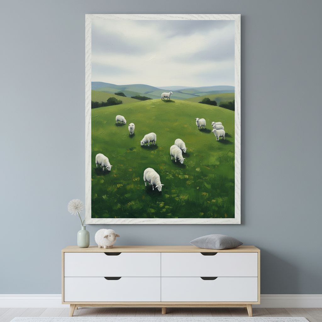 Modern room with a light wood and white dresser. A large framed painting depicting a green, hilly landscape with white sheep grazing under a cloudy sky hangs centered above the dresser.
