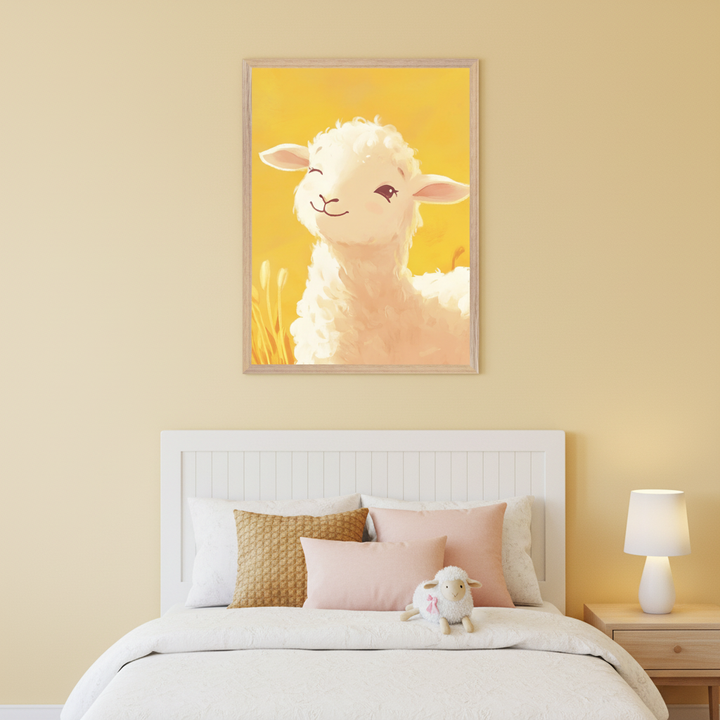 Kid's bedroom with a white bed with headboard and wooden nightstand. A framed illustration of a cute white lamb winking on a yellow background hangs centered above the bed.