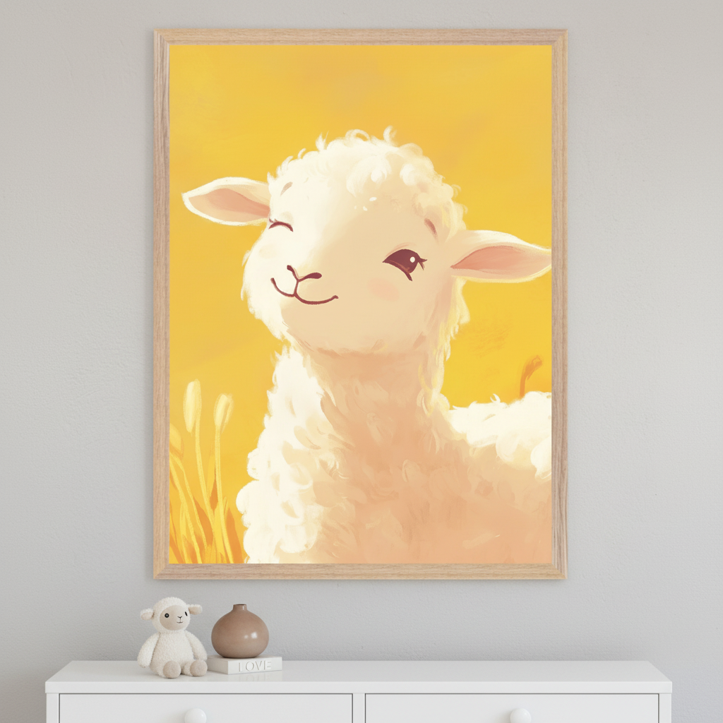 Modern nursery with a white dresser against a light gray wall. A large light wood framed print of a cartoon-style white lamb winking and smiling on a yellow background hangs above the dresser. A small stuffed lamb and a small vase are on the dresser.