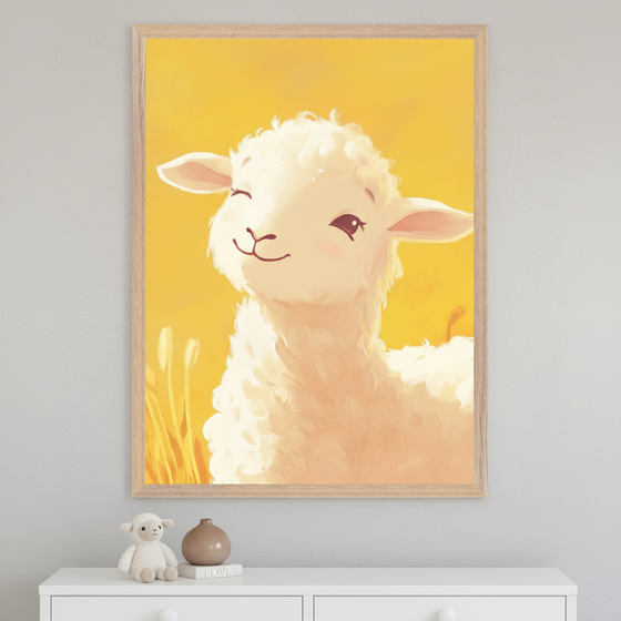 Modern nursery with a white dresser against a light gray wall. A large light wood framed print of a cartoon-style white lamb winking and smiling on a yellow background hangs above the dresser. A small stuffed lamb and a small vase are on the dresser.