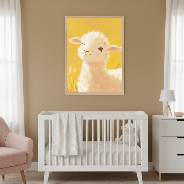 Modern nursery with a white crib, pink armchair, and white dresser. A framed illustration of a smiling white lamb on a yellow background hangs centered above the crib.