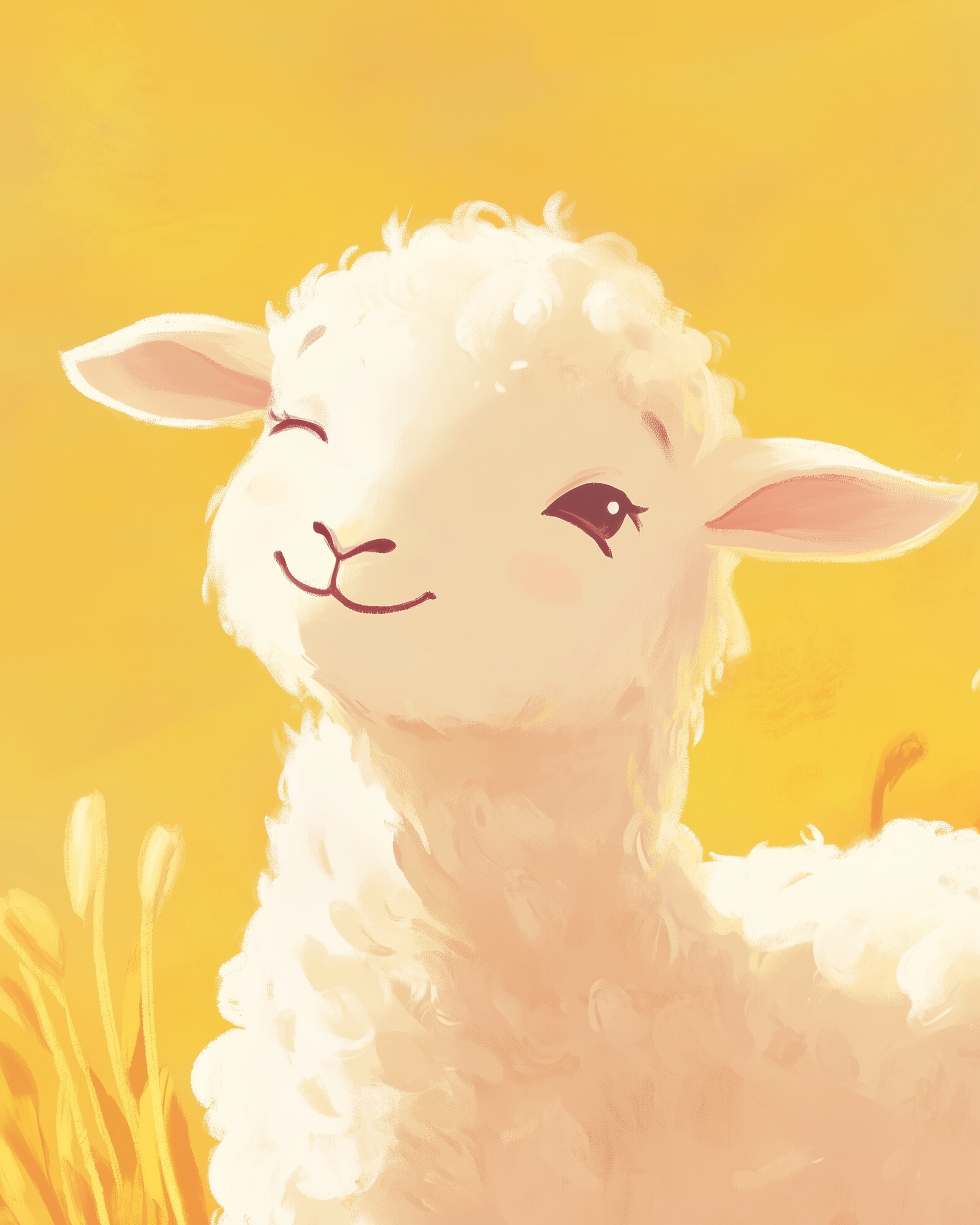 A cute cartoon lamb winks playfully against a warm yellow background, its fluffy white wool and soft pink ears adding to its charm.