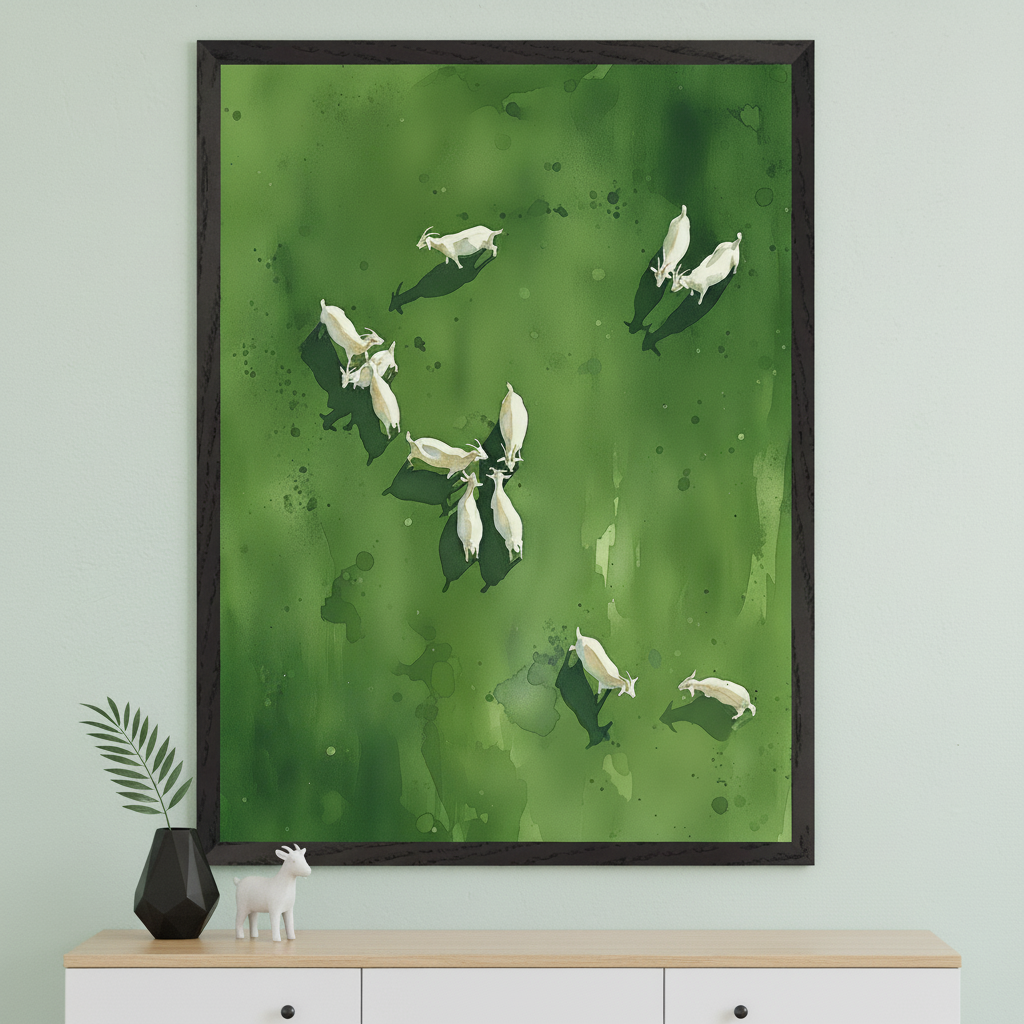 Modern room with a light green wall and a wooden and white dresser. A large, dark-framed watercolor painting of several white goats on a green field, seen from above, hangs centered above the dresser.