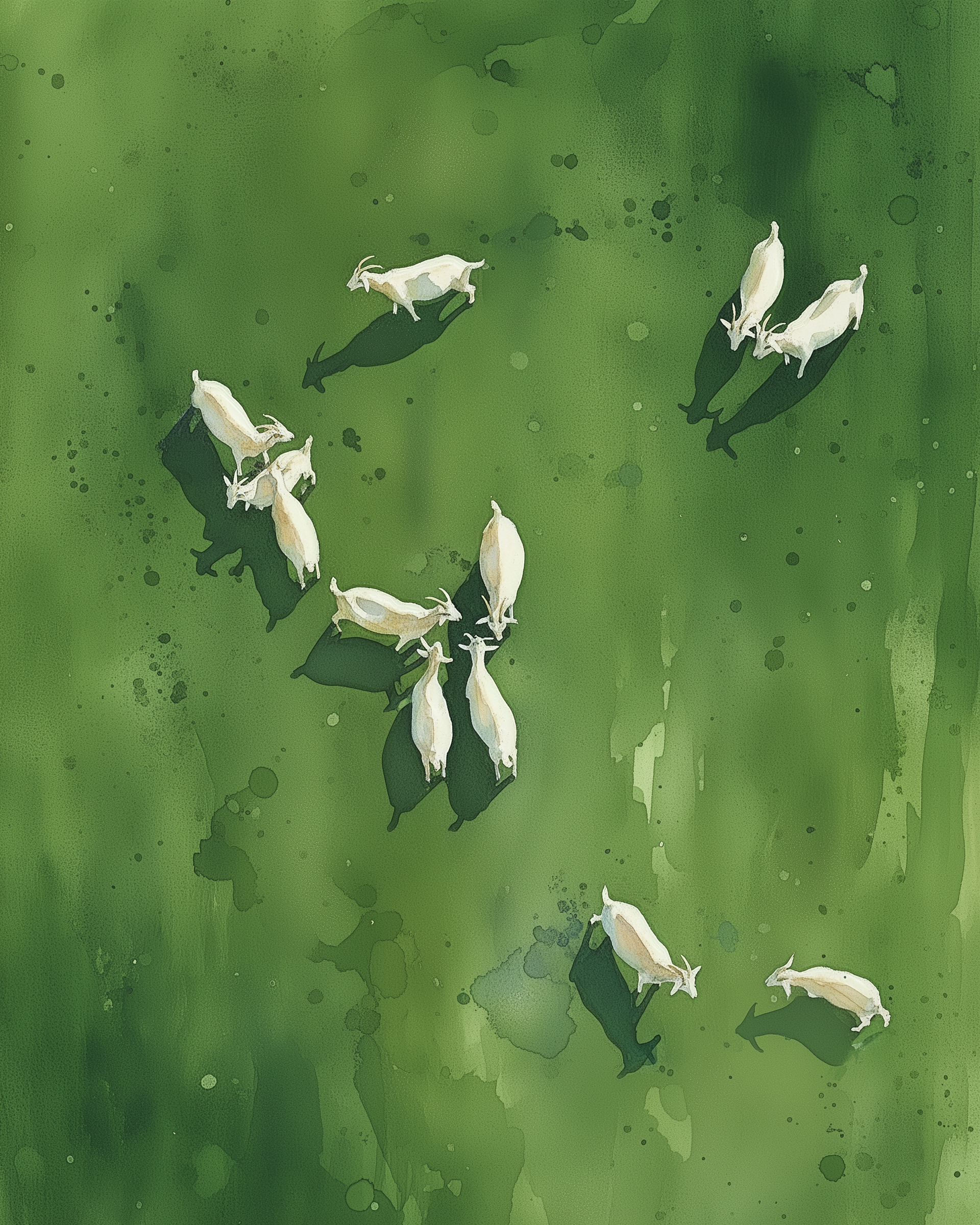 A group of white sheep grazes on a lush green field, casting distinct shadows. The scene is viewed from above, showing the sheep scattered across the vibrant grass, creating a peaceful pastoral image.