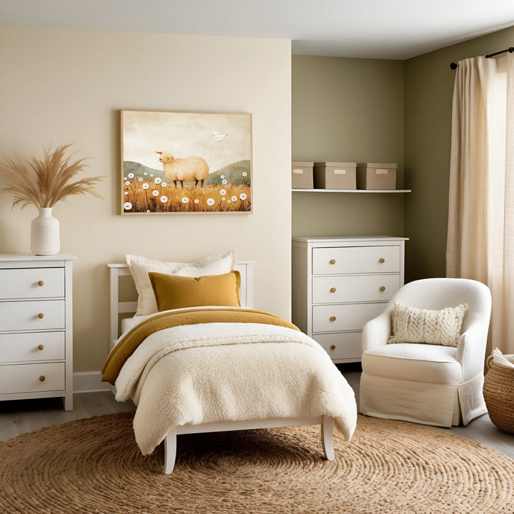 A warmly decorated child's bedroom with a white bed, soft bedding, and mustard-yellow accents. A soothing sheep illustration hangs above the bed, harmonizing with natural textures and neutral colors throughout the room.