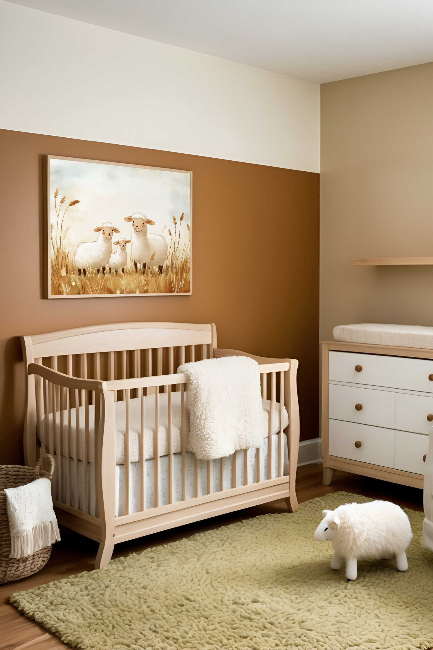 Cozy nursery room featuring neutral earth tones, a wooden crib with plush bedding, and a sheep-themed decor. A framed illustration of three fluffy sheep hangs above the crib, complementing a soft sheep toy on the textured green rug.