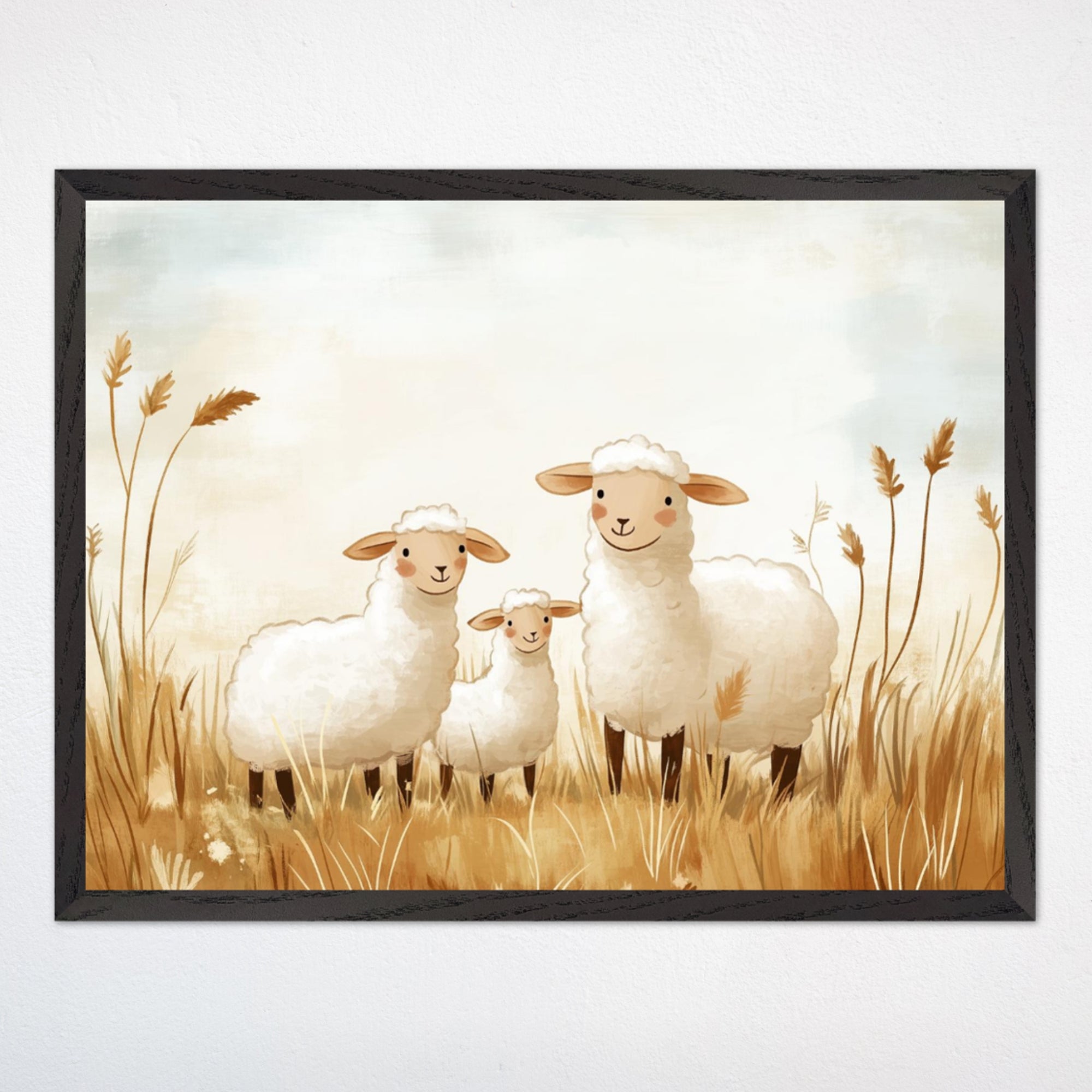 Illustration of three fluffy white sheep standing in tall, golden grass. The sheep have friendly expressions, creating a warm and peaceful scene suitable for children's room decor.