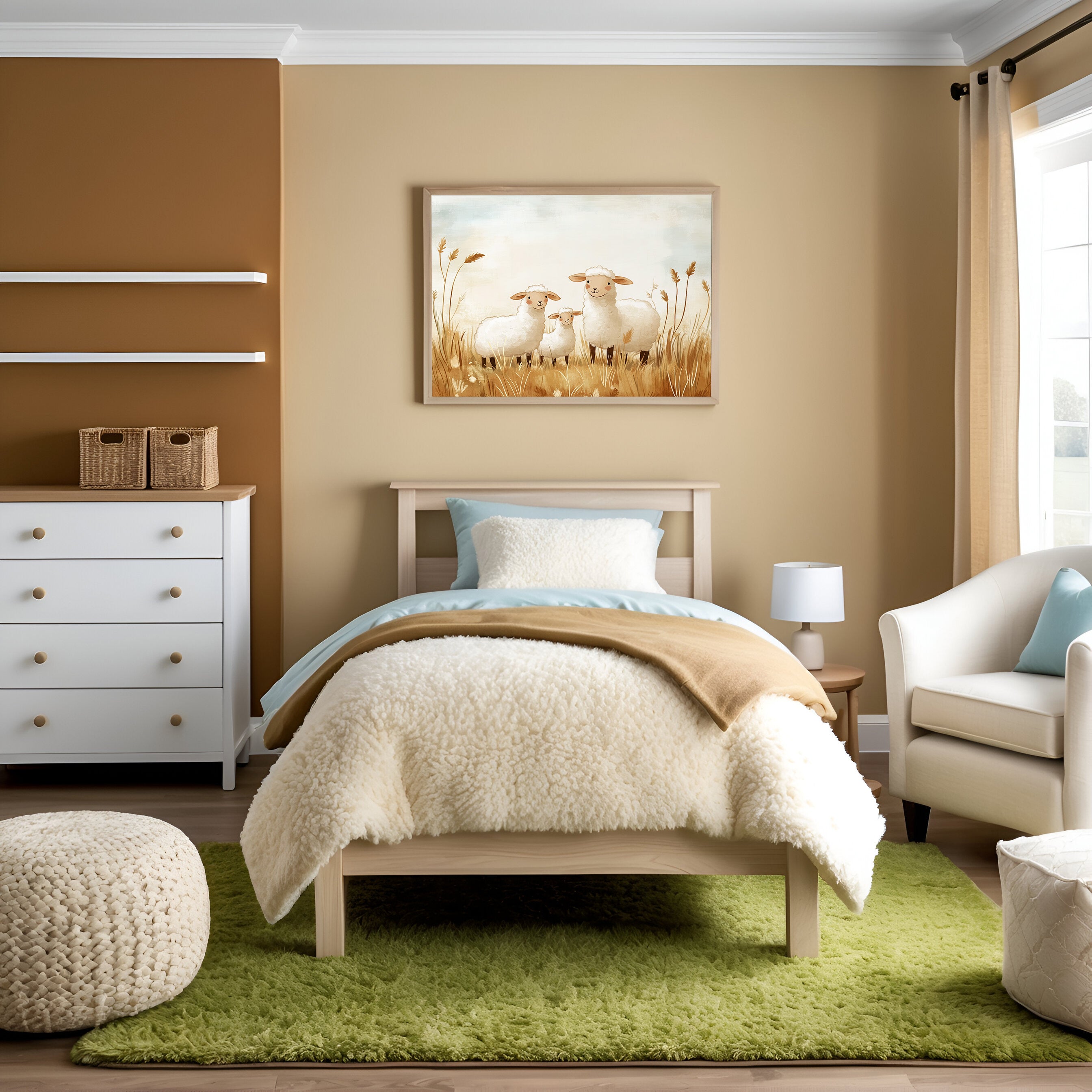 Warm and inviting children's bedroom with neutral walls, a cozy bed with fluffy bedding, and soft textures. A playful sheep-themed artwork hangs above the bed, enhancing the comfortable and serene atmosphere.