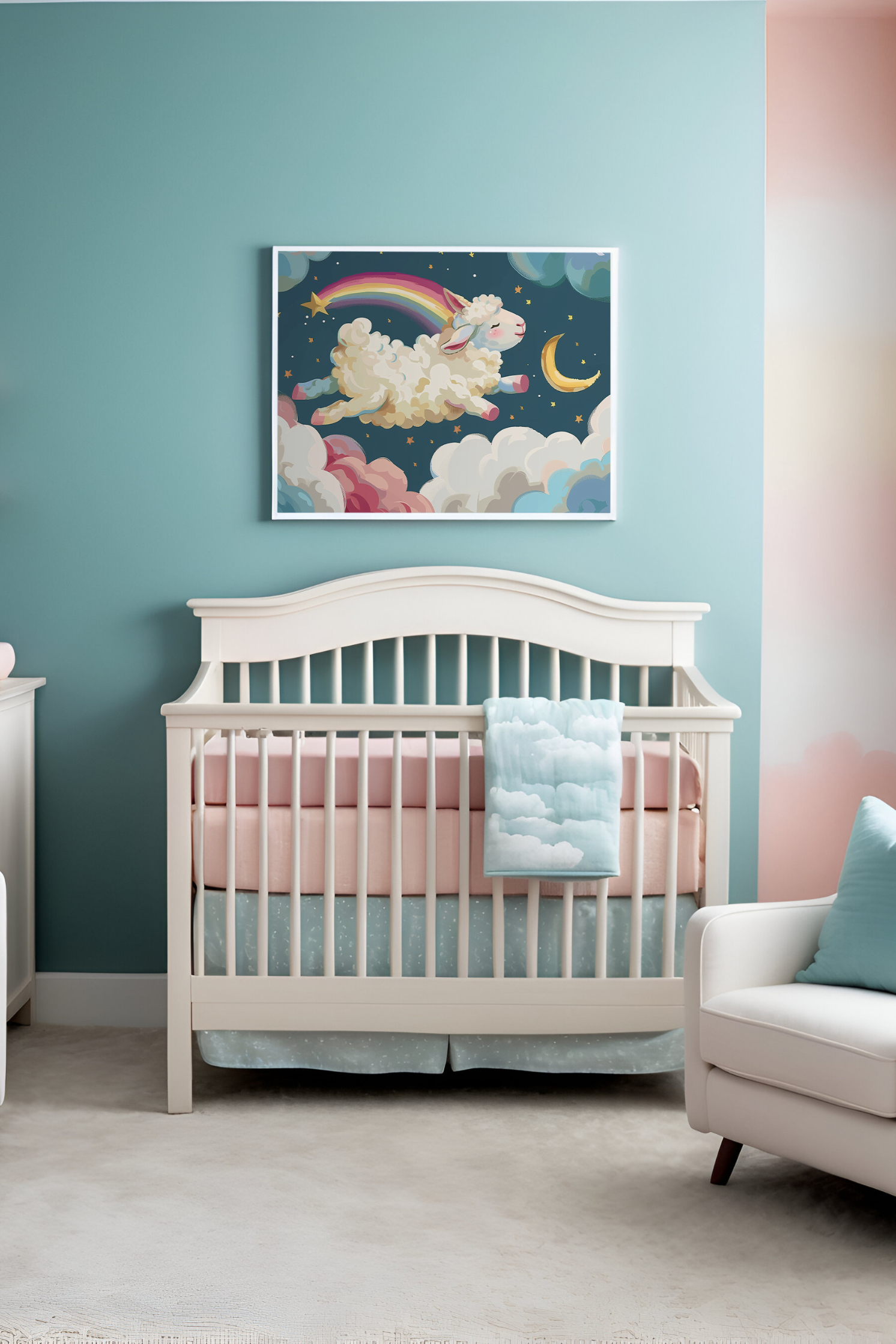 Whimsical nursery wall art showcases a fluffy sheep playfully leaping through pastel clouds beneath a rainbow, crescent moon, and stars. The gentle colors and playful imagery create a cheerful, dreamy vibe ideal for a child's room.