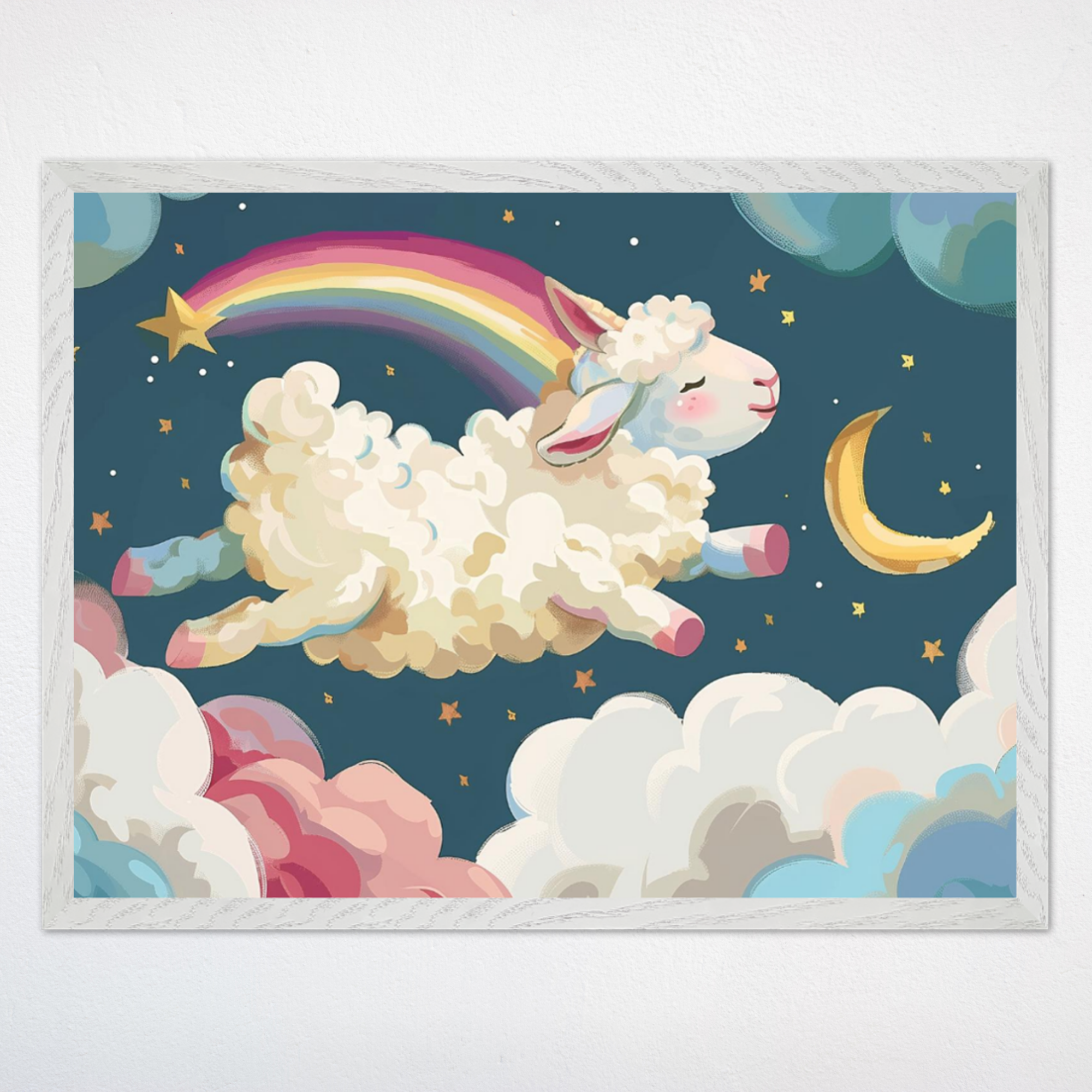 Wall art depicting an adorable, fluffy sheep joyfully jumping through soft clouds, with a vibrant rainbow, stars, and a golden crescent moon accentuating the playful scene. The illustration radiates warmth and imagination, perfect for children's spaces.