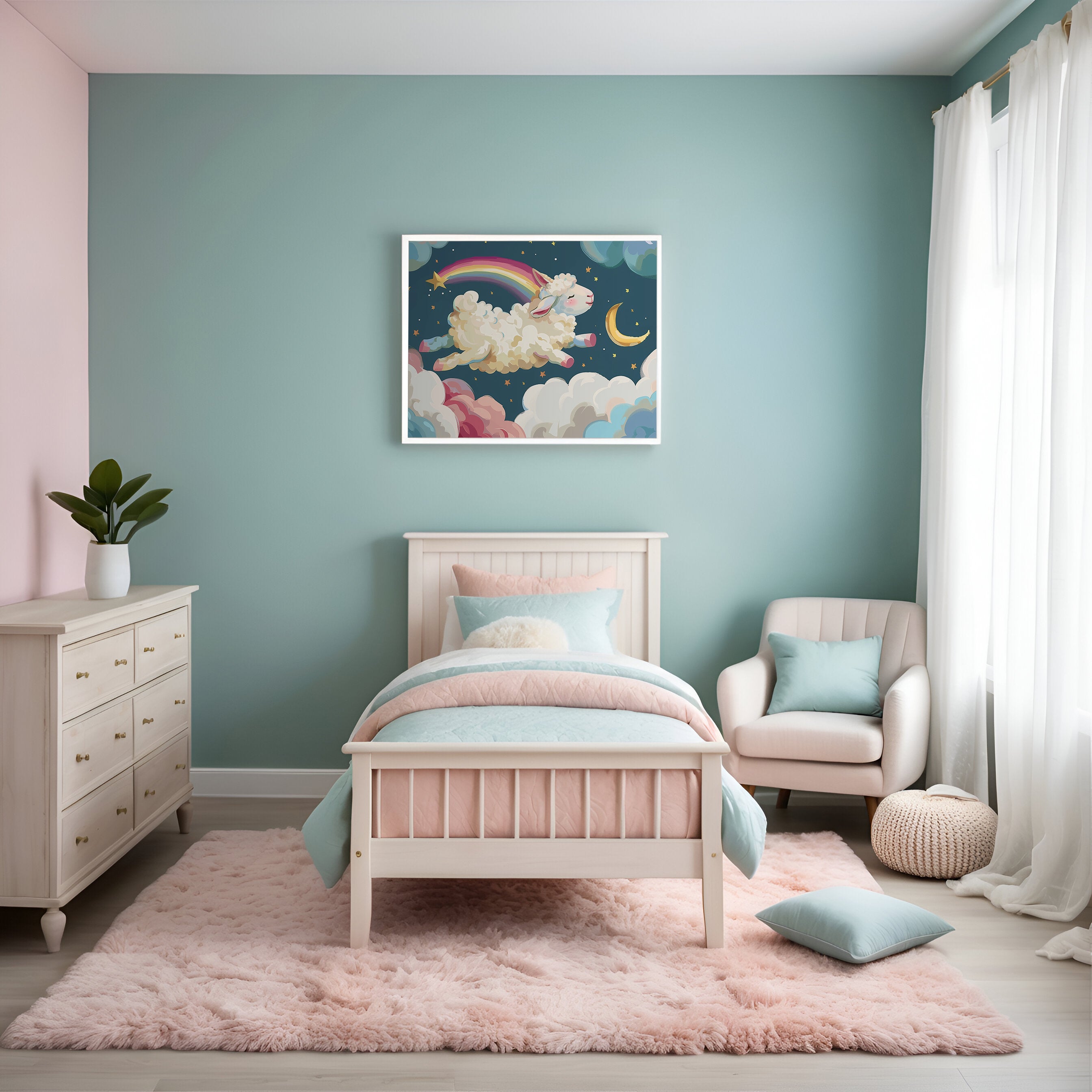 A children's room, playful sheep wall art featuring pastel clouds, a rainbow, and a crescent moon decorates the space above a cozy bed dressed in soft pink and blue bedding. The pastel palette creates a calming and imaginative ambiance.