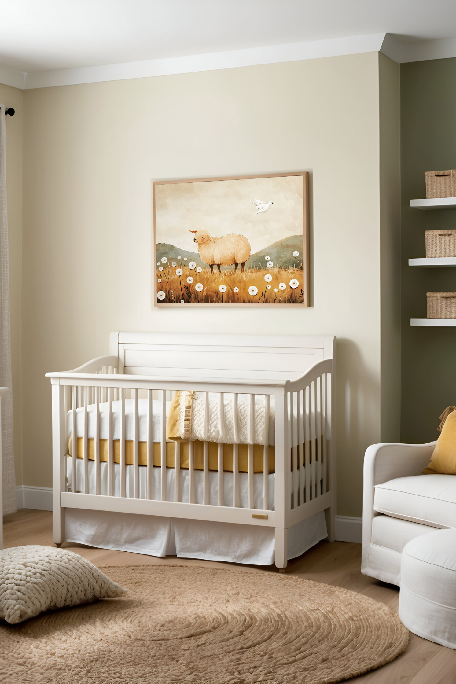 A cozy nursery featuring a white wooden crib decorated with soft white and mustard-yellow bedding. Above the crib hangs an illustration of a serene sheep standing among dandelions, complementing the room's neutral tones and warm atmosphere.