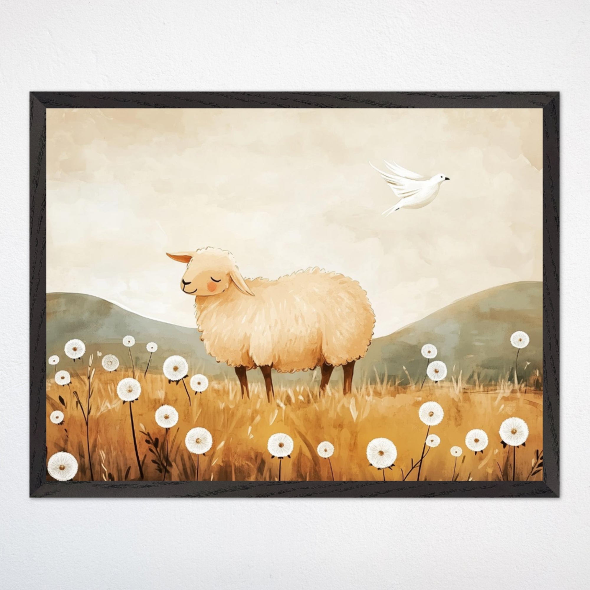 Illustration of a peaceful sheep with eyes closed, standing in a golden field surrounded by white dandelions. A white bird flies gently above, set against soft hills and a cloudy sky.