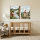 A cozy nursery scene with a wooden crib and soft neutral decor featuring two framed paintings above it showing Jesus with lambs in peaceful countryside settings with soft pastel tones.