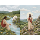 A set of two illustrations showing Jesus in a pastoral landscape, one by a stream with a lamb and the other walking along a rocky path carrying a lamb on his shoulders beneath a soft sky.
