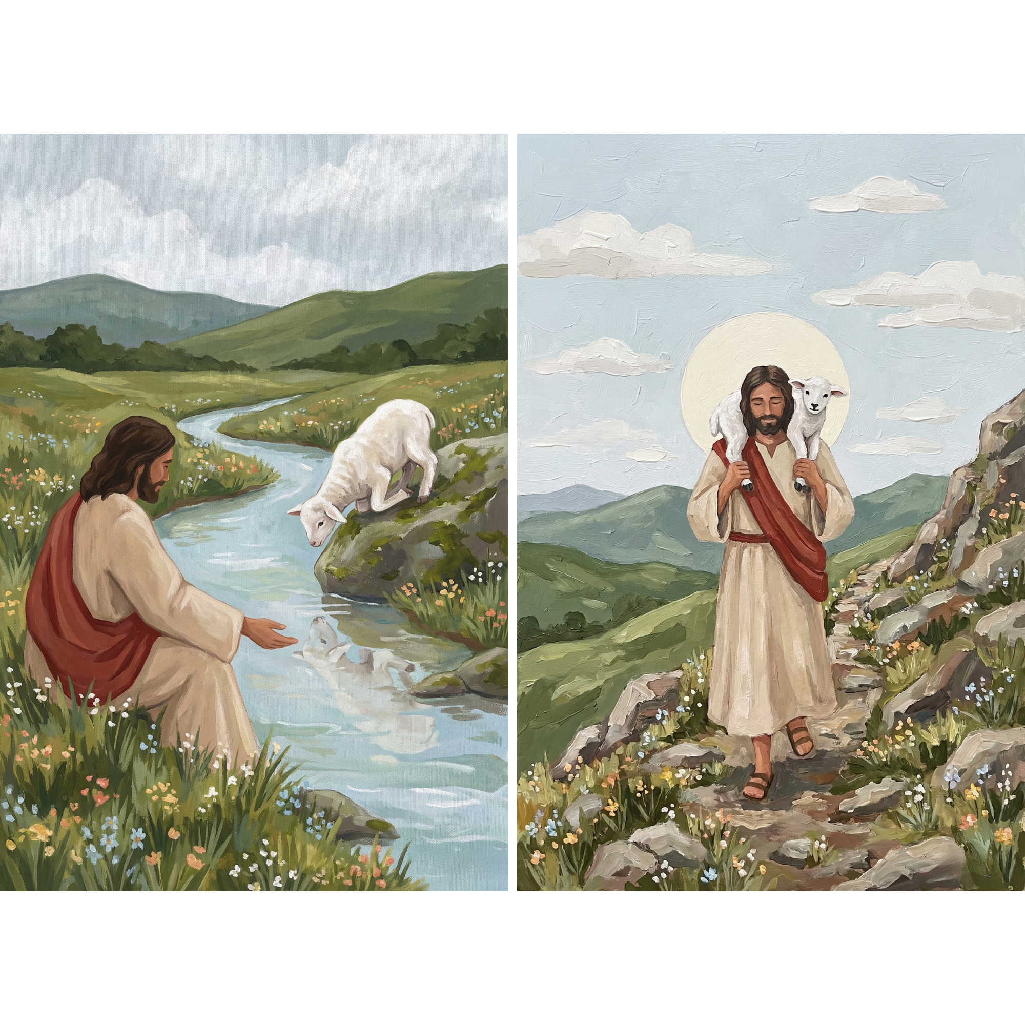 A set of two illustrations showing Jesus in a pastoral landscape, one by a stream with a lamb and the other walking along a rocky path carrying a lamb on his shoulders beneath a soft sky.
