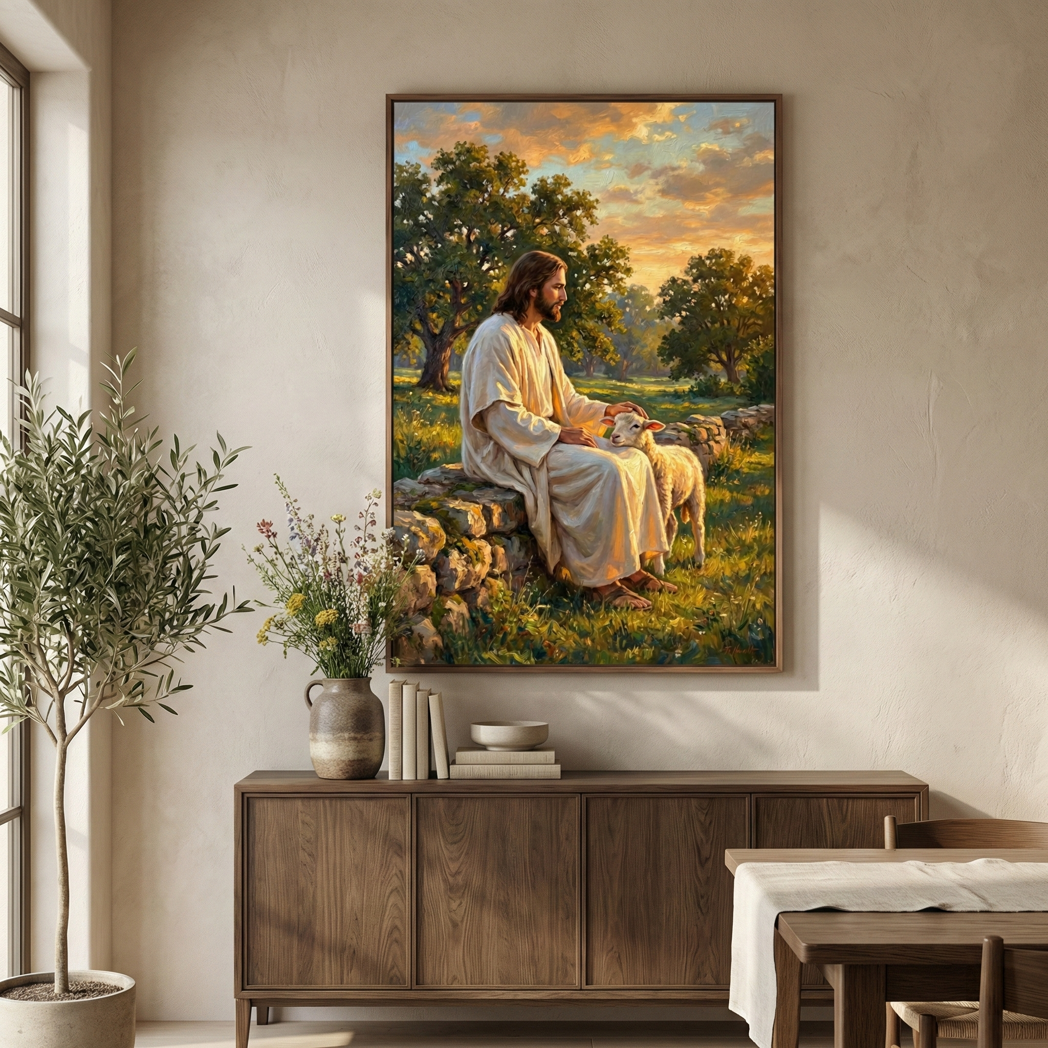 A framed artwork hangs on a neutral wall above a wooden sideboard. The image depicts Jesus in a cream robe, sitting on a stone wall and gently petting a white lamb. They are in a lush green meadow with large trees under a soft, golden sunset. On the wooden sideboard below, there is a rustic vase of wildflowers, several books, and two small bowls. To the left stands a tall, slender potted tree, and part of a wooden dining table is visible in the foreground.