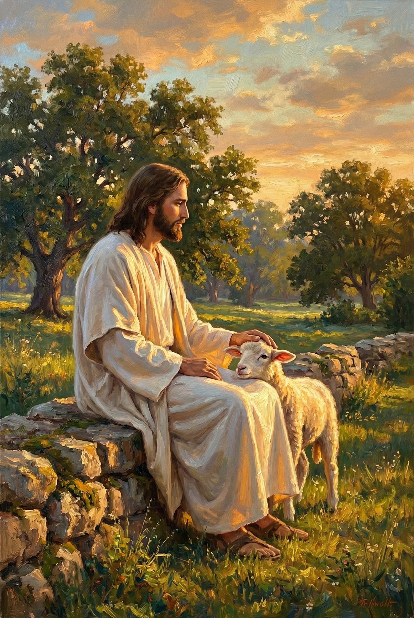 Jesus Christ is seated on a low stone wall in a sunlit meadow. He has long brown hair and a beard, wearing simple, light-colored robes and leather sandals. He gazes peacefully toward a small white lamb standing beside him, gently resting his hand on its head. The background features large, leafy trees and a sky filled with soft, golden-orange clouds at sunset. The entire scene is bathed in a warm, serene light, emphasizing a quiet moment of care and compassion.