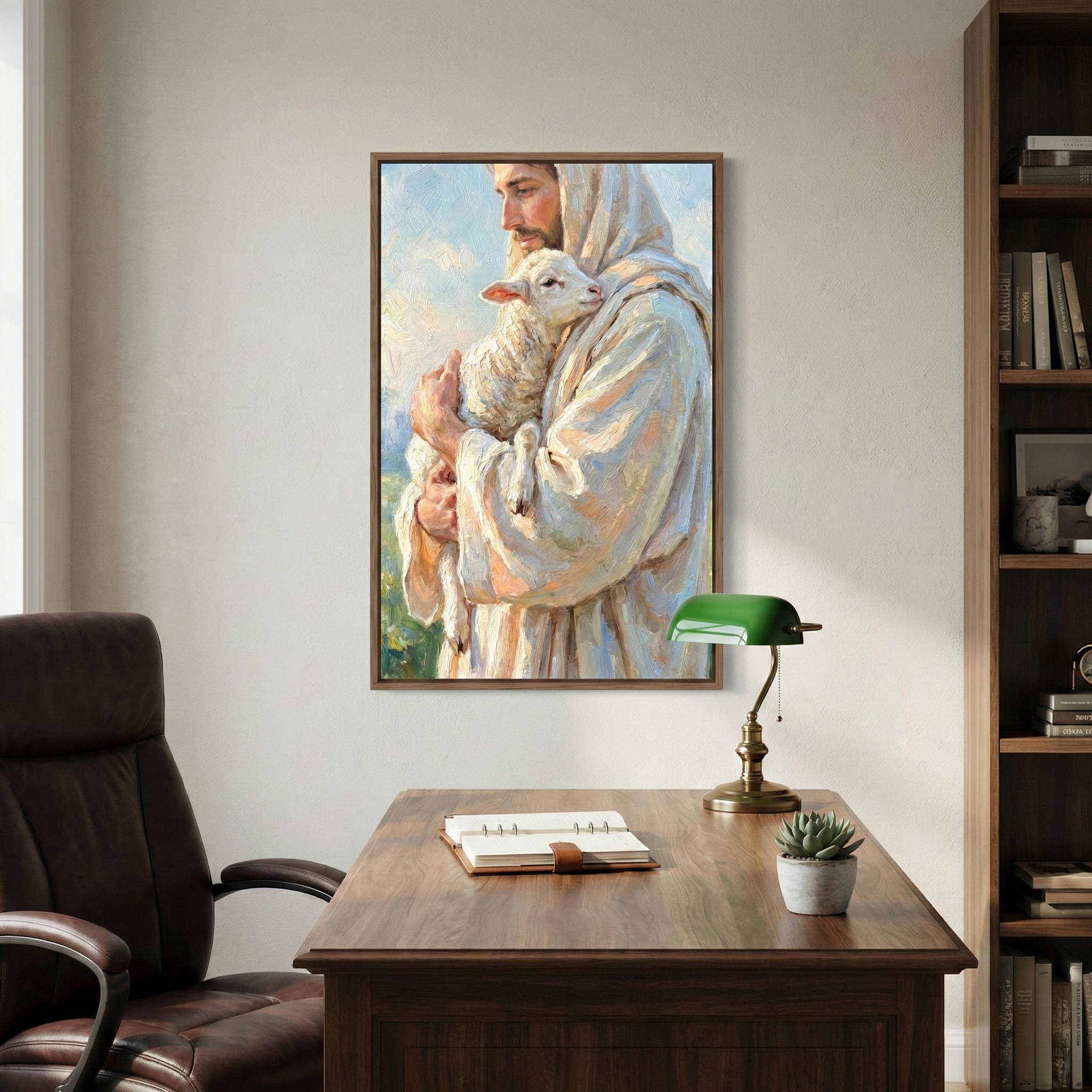 A cozy office features a wooden desk with a green desk lamp, a notebook, and a small potted plant. On the wall hangs a painting of a person in a robe gently holding a lamb, creating a serene atmosphere.