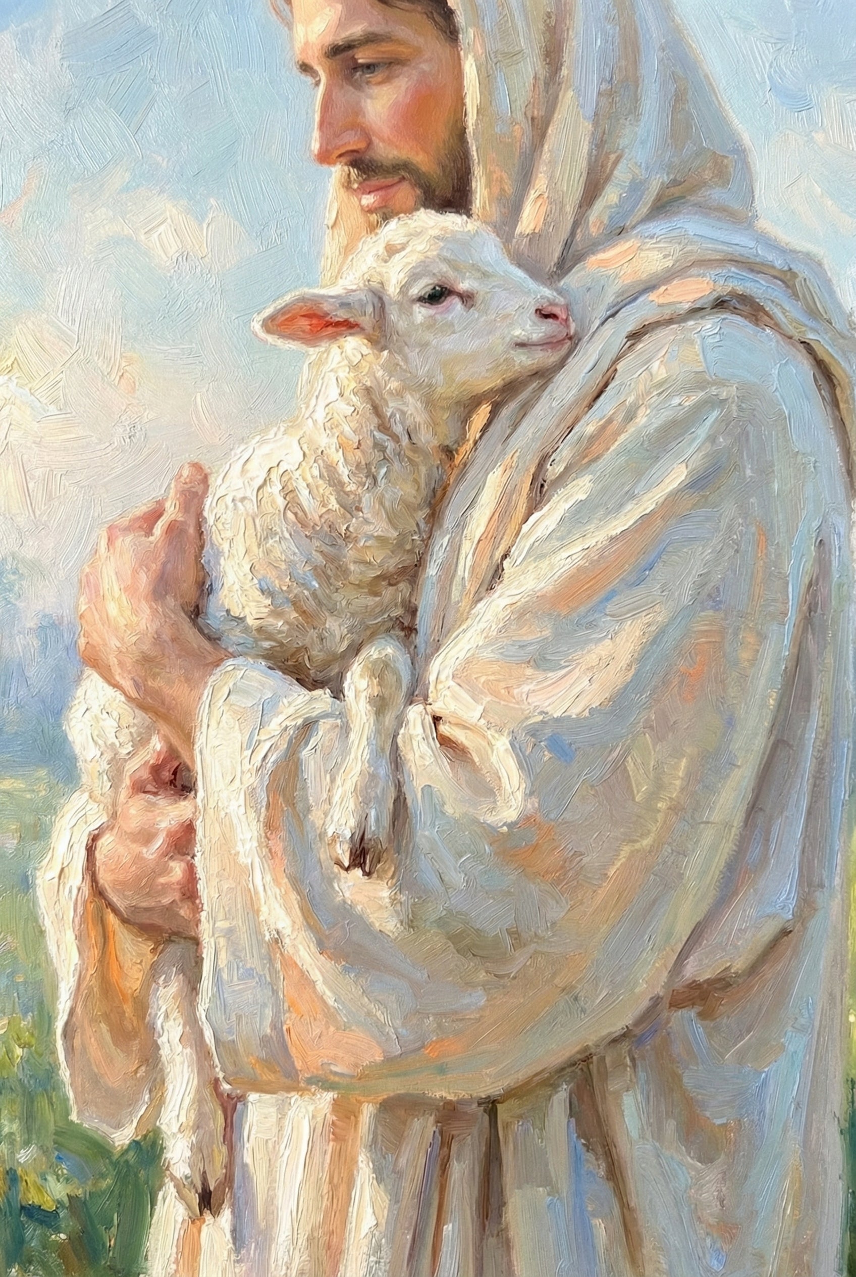 An impressionistic artistic rendering of Jesus Christ gently cradling a small, fluffy white lamb. Jesus is shown from the side with a serene expression, light brown hair, and a beard. He is wearing a heavy, cream-colored hooded robe. The art features thick, visible brushstrokes that catch the light, creating a warm and glowing atmosphere. The background is a soft, bright sky with hints of green at the bottom.