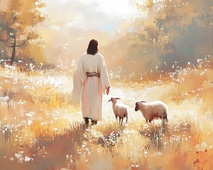 A person in a flowing white robe walks through a sunlit meadow with two sheep. The scene is bathed in warm, golden light, with soft brushstrokes depicting a peaceful, pastoral setting. Trees and wildflowers surround the figures, enhancing the serene atmosphere.