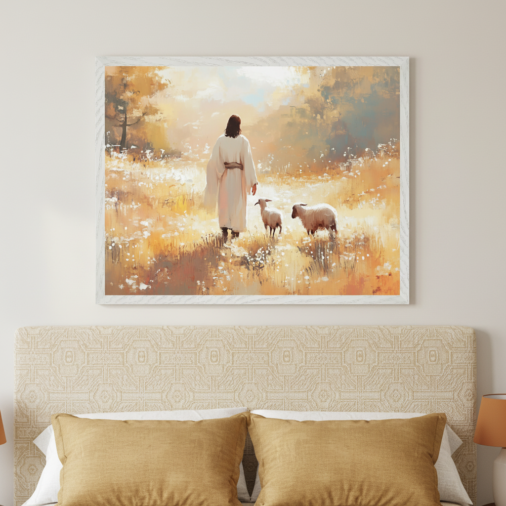 Bedroom with a patterned beige headboard and gold pillows. A large framed painting of Jesus walking with two sheep in a sunny, impressionistic field hangs above the bed.