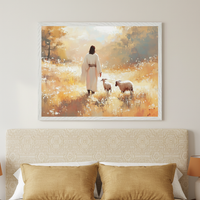 Bedroom with a patterned beige headboard and gold pillows. A large framed painting of Jesus walking with two sheep in a sunny, impressionistic field hangs above the bed.