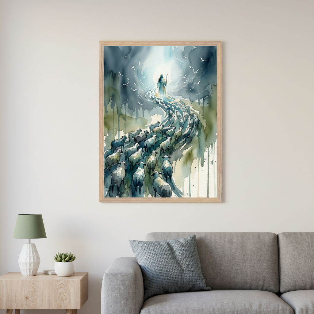 Modern living room with a light gray sofa and a wood side table. A framed watercolor painting hangs above the sofa, depicting a shepherd leading a flock of sheep up a winding path towards a light. The art features green, blue, and gray tones with visible drips and birds in the background.