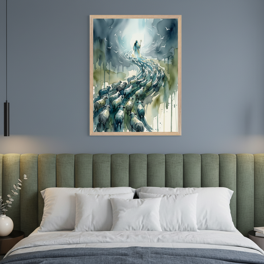 Modern bedroom with a green upholstered headboard and white bedding. Centered above the bed, a framed watercolor painting depicts a shepherd leading sheep up a winding path towards a bright light, with birds flying. The art has a loose, drippy style.
