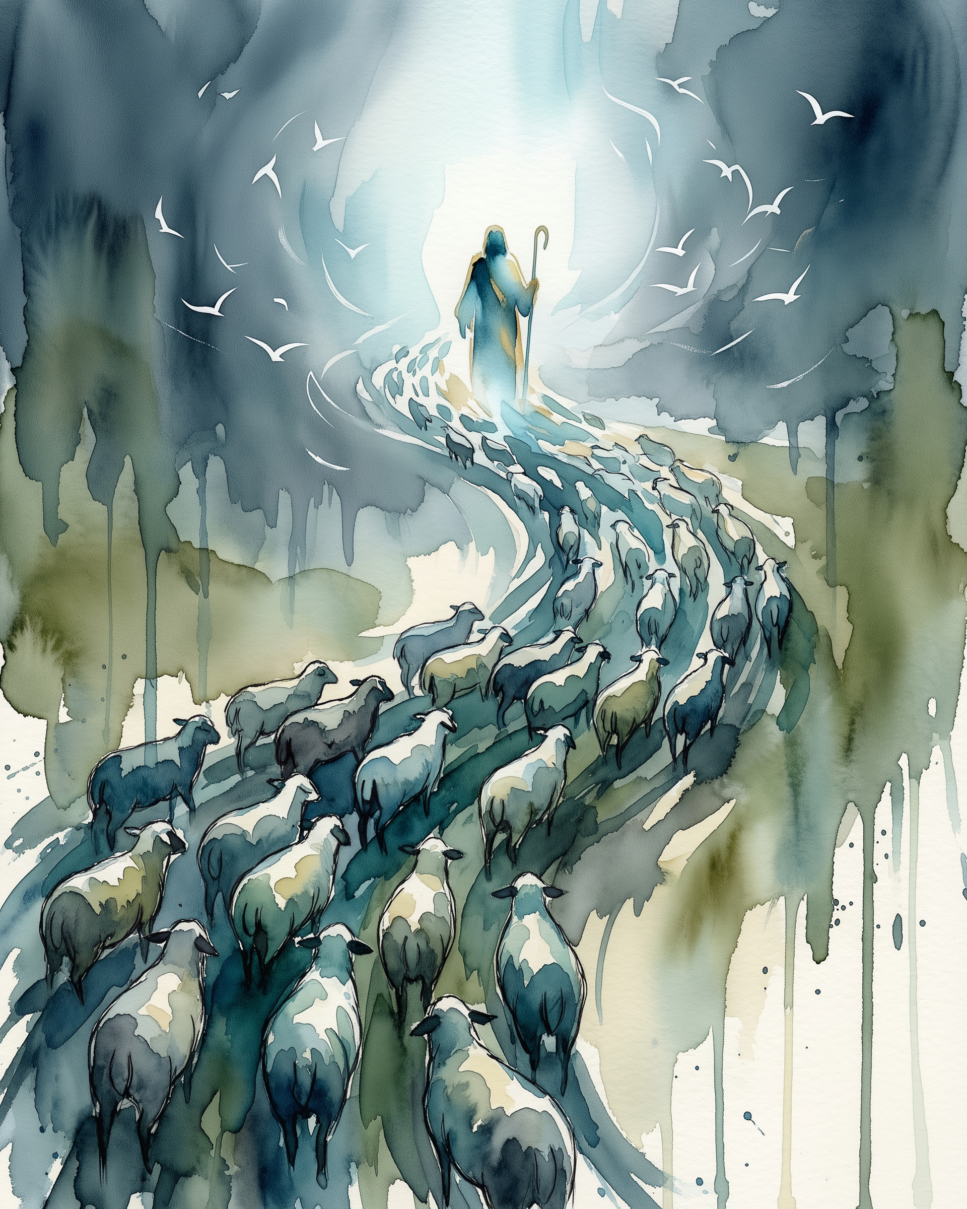 Watercolor illustration of a shepherd leading a large flock of sheep along a glowing path, with flowing lines and soft blue-green tones.
