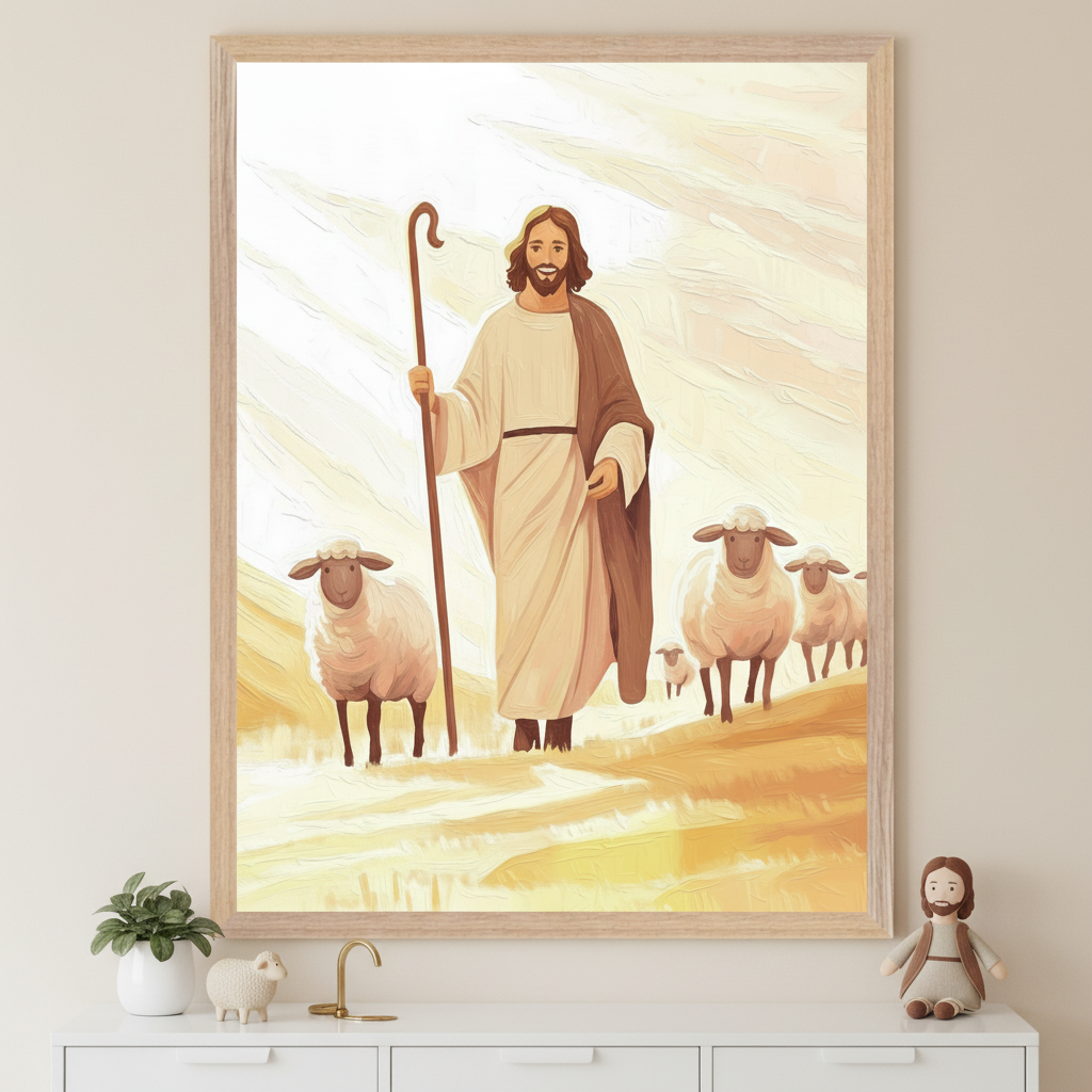 Framed illustration of Jesus as the Good Shepherd, holding a staff and walking through a golden field with several sheep following closely. The artwork hangs above a white cabinet, which holds a plush Jesus doll and a small sheep figurine, complementing the gentle and spiritual theme of the room.