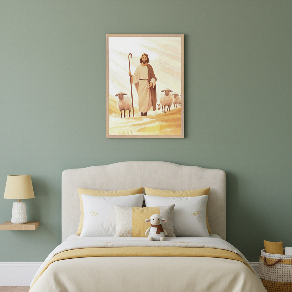 Kid's bedroom with a bed, light upholstered headboard, and a nightstand. A framed painting of Jesus as the Good Shepherd walking with sheep, in a warm illustrative style, hangs centered above the bed.