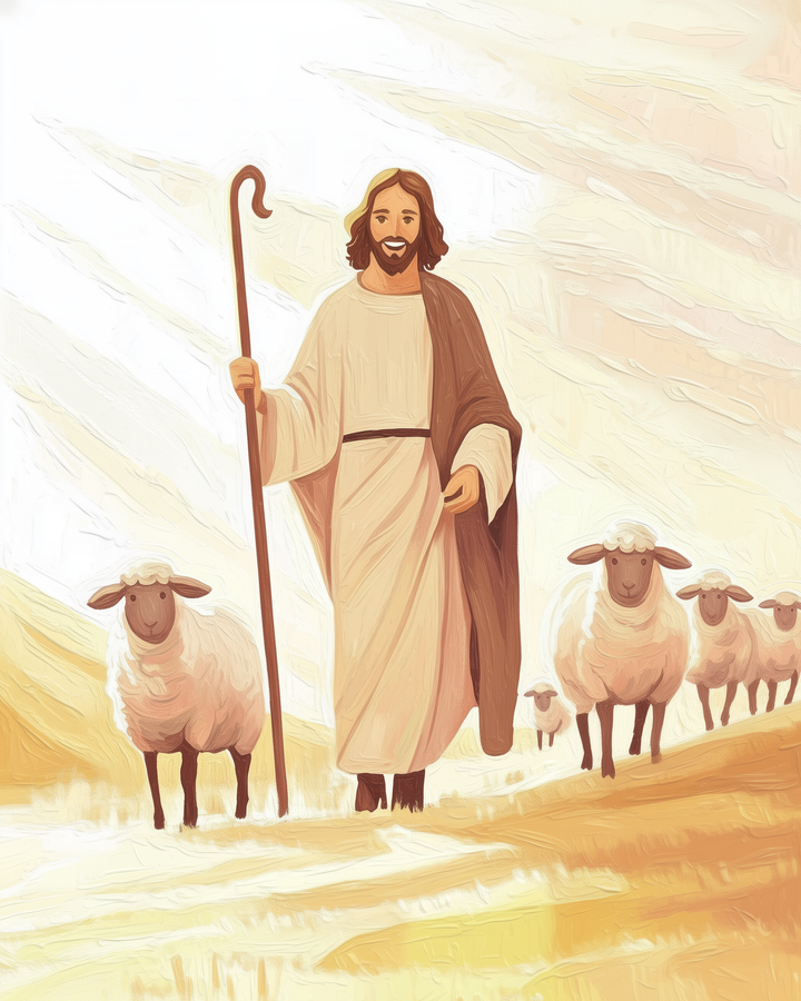 A serene illustration of a shepherd in a flowing robe holding a staff, walking alongside a flock of fluffy sheep on a sunlit path.