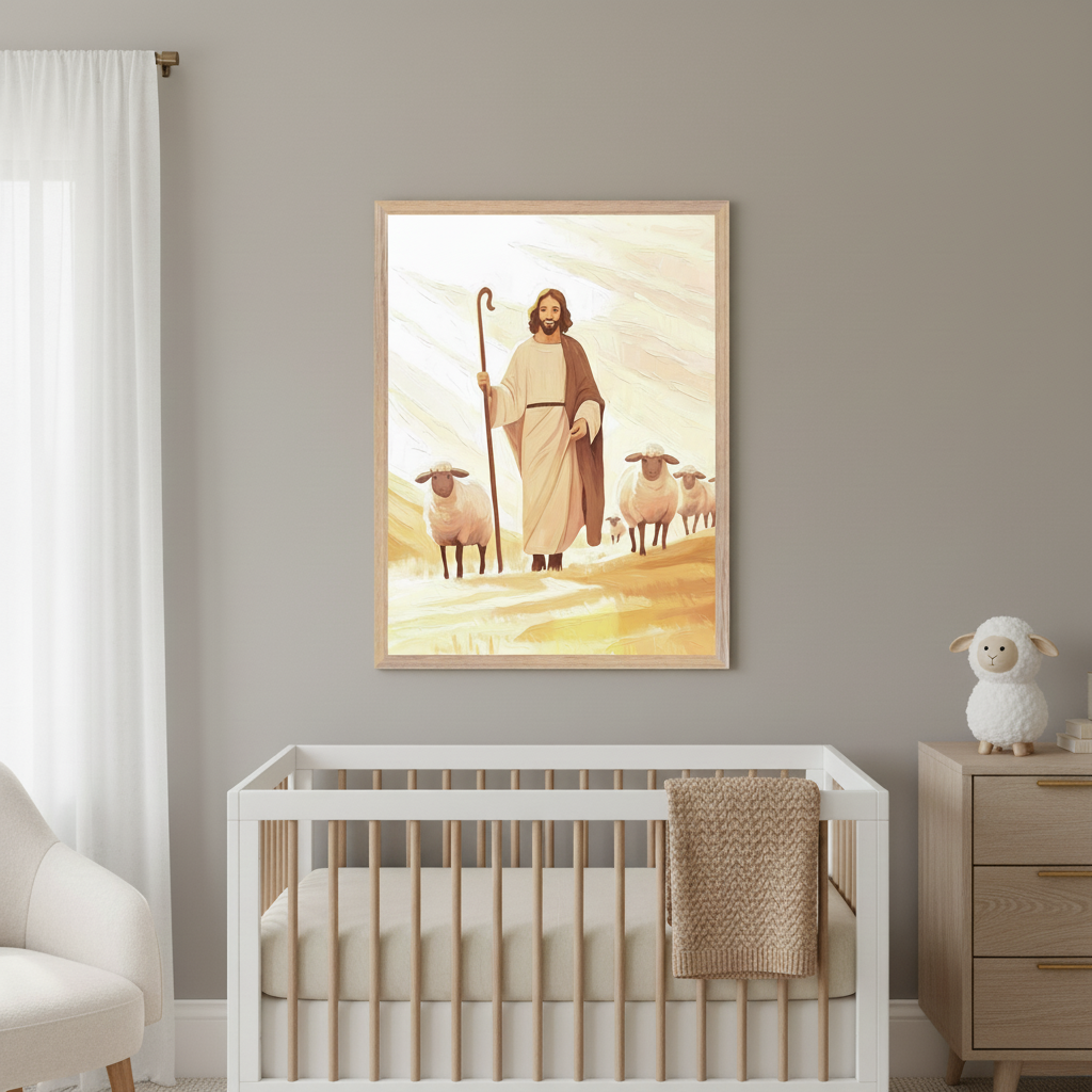 Modern nursery with a white crib, light wood dresser, and cream armchair against a gray wall. A large framed print of Jesus as a shepherd with sheep on a sunlit path, in a painterly style, hangs above the crib.