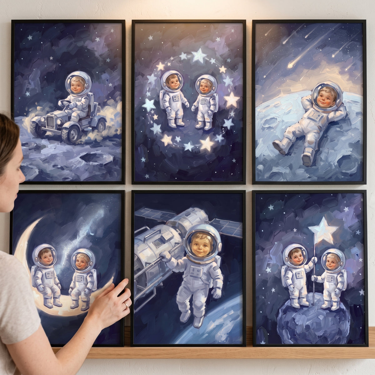 Shimmering cobalt baby astronaut wall art set of 6 featuring infants in space suits among moons and stars.