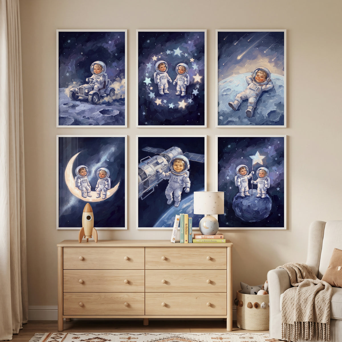 Shimmering Cobalt Baby Astronaut Wall Art Set of 6 - Little Space Dreamers