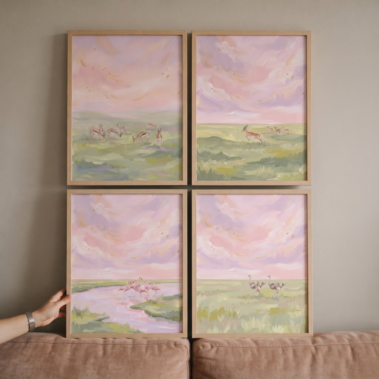Shimmering gold safari animal wall art set of 4 with pink skies and savanna landscapes featuring various animals.