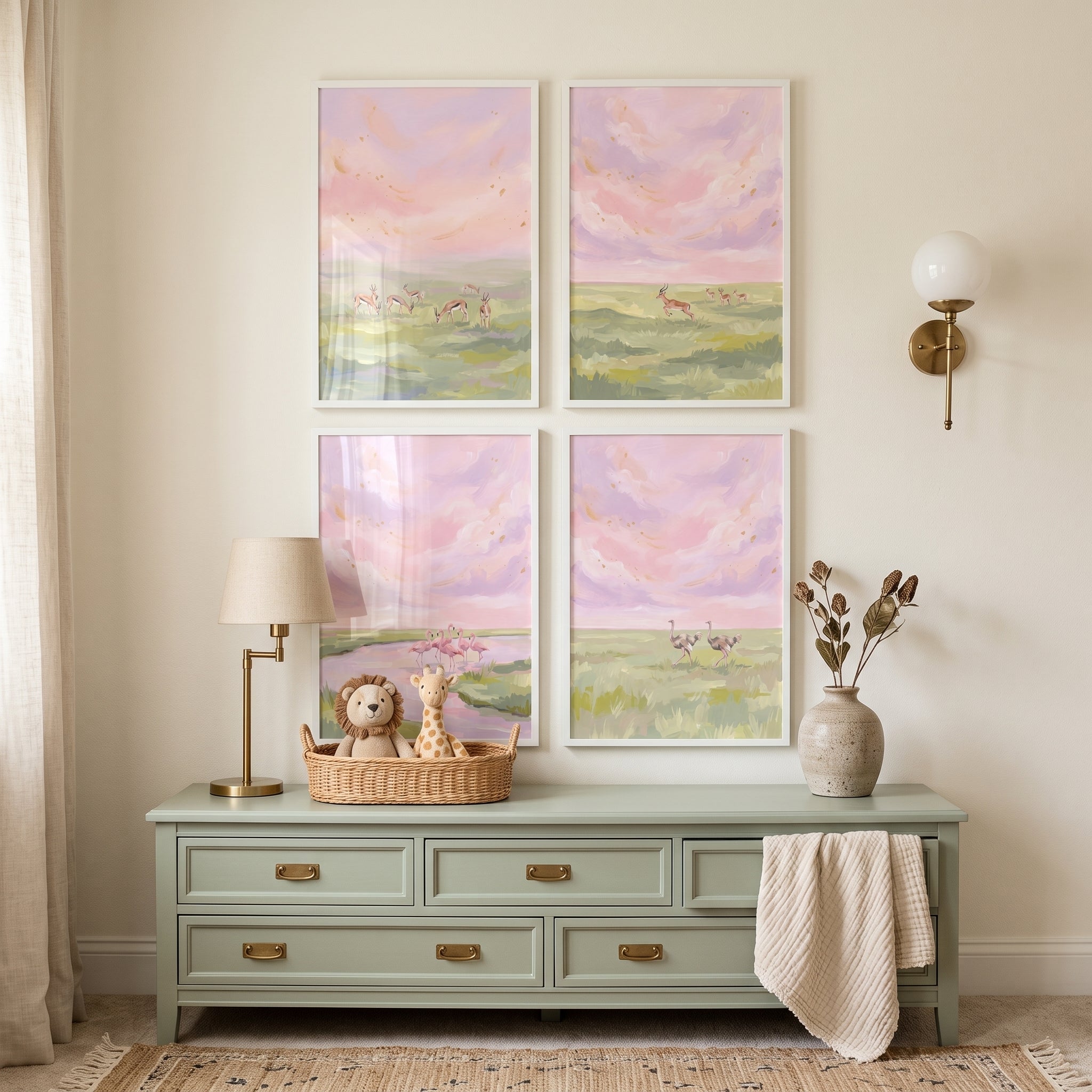 Shimmering Gold Safari Animal Wall Art Set of 4 - Pastel Savanna Dreams