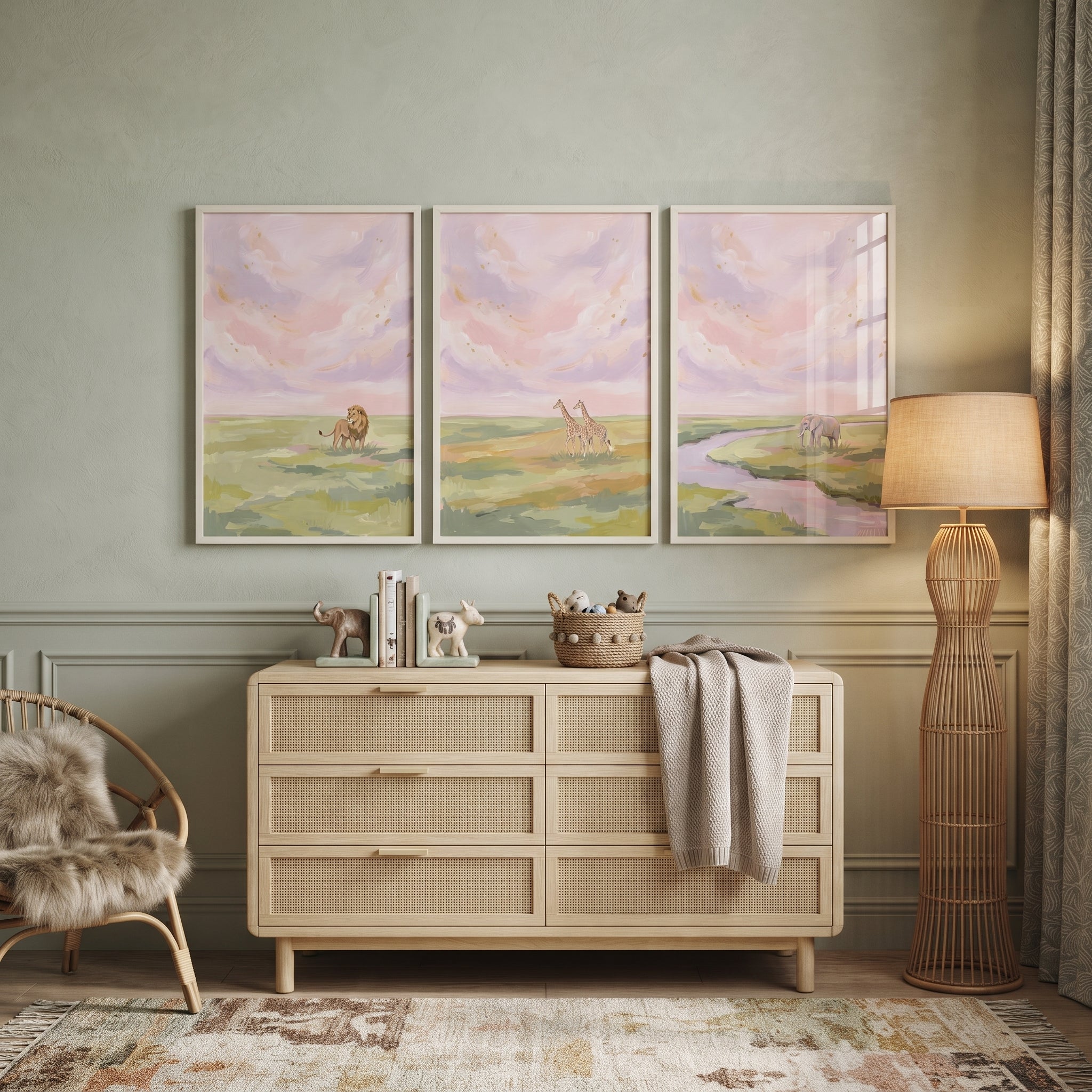 Shimmering Gold Safari Animals Wall Art Set of 3 - Pastel Savanna Trio