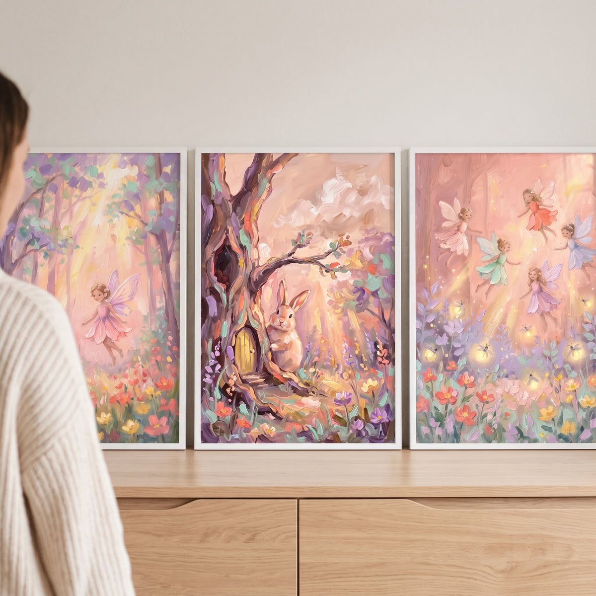 Shimmering Pastel Enchanted Woodland Wall Art Set of 3 - Tiny Woodland Tale