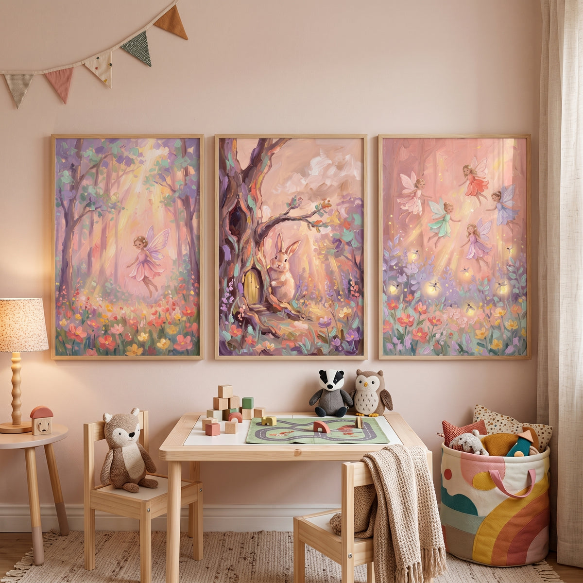 Shimmering Pastel Enchanted Woodland Wall Art Set of 3 - Tiny Woodland Tale