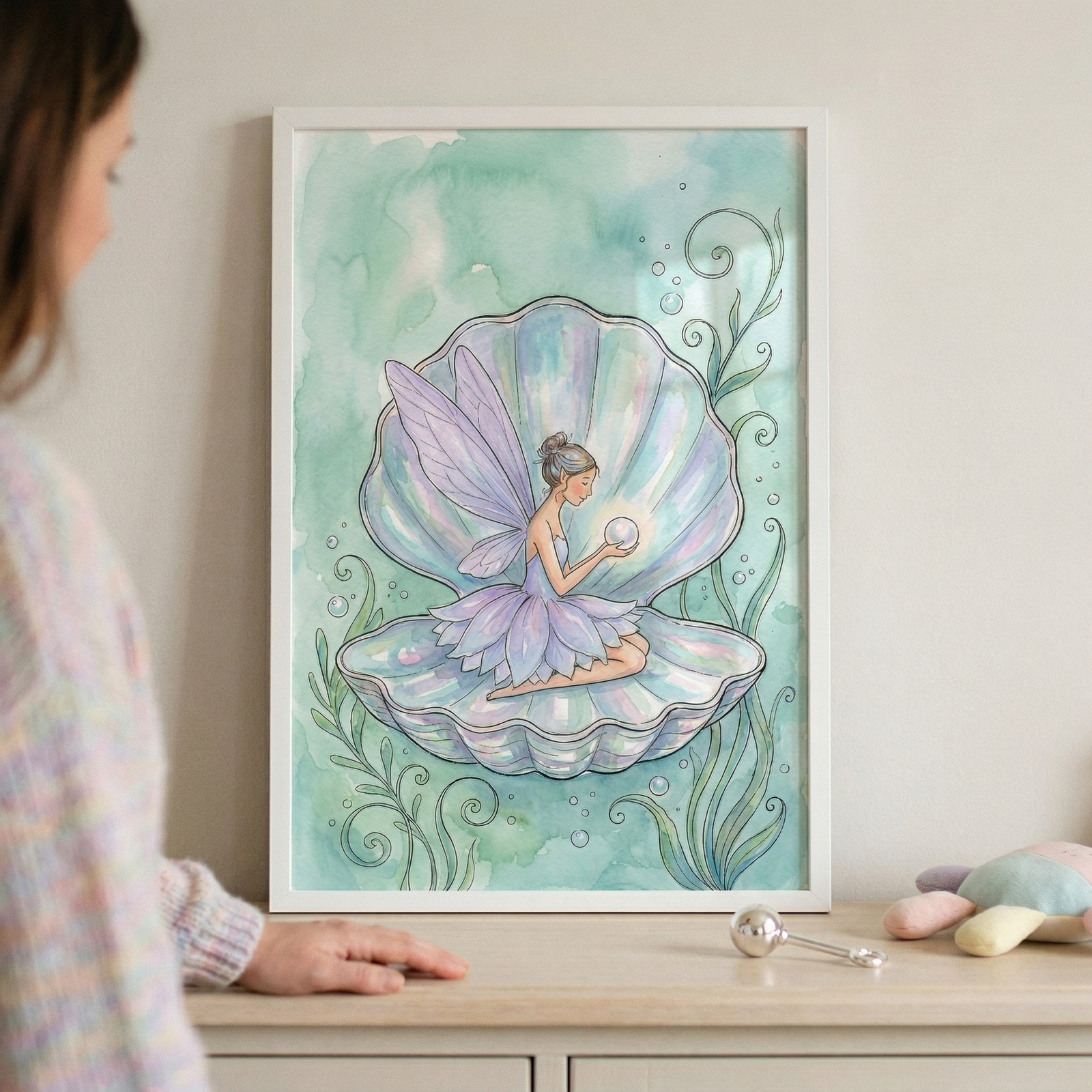 A framed illustration of a small fairy sitting inside an iridescent open seashell. The fairy has delicate purple wings and a petal-like dress, and she holds a glowing pearl in her hands. The scene is set underwater with soft green and blue watercolor-style washes, featuring swirling sea plants and bubbles. The white frame rests on a light wood dresser, with a person partially visible on the left and colorful plush toys on the right, creating a whimsical nursery atmosphere.