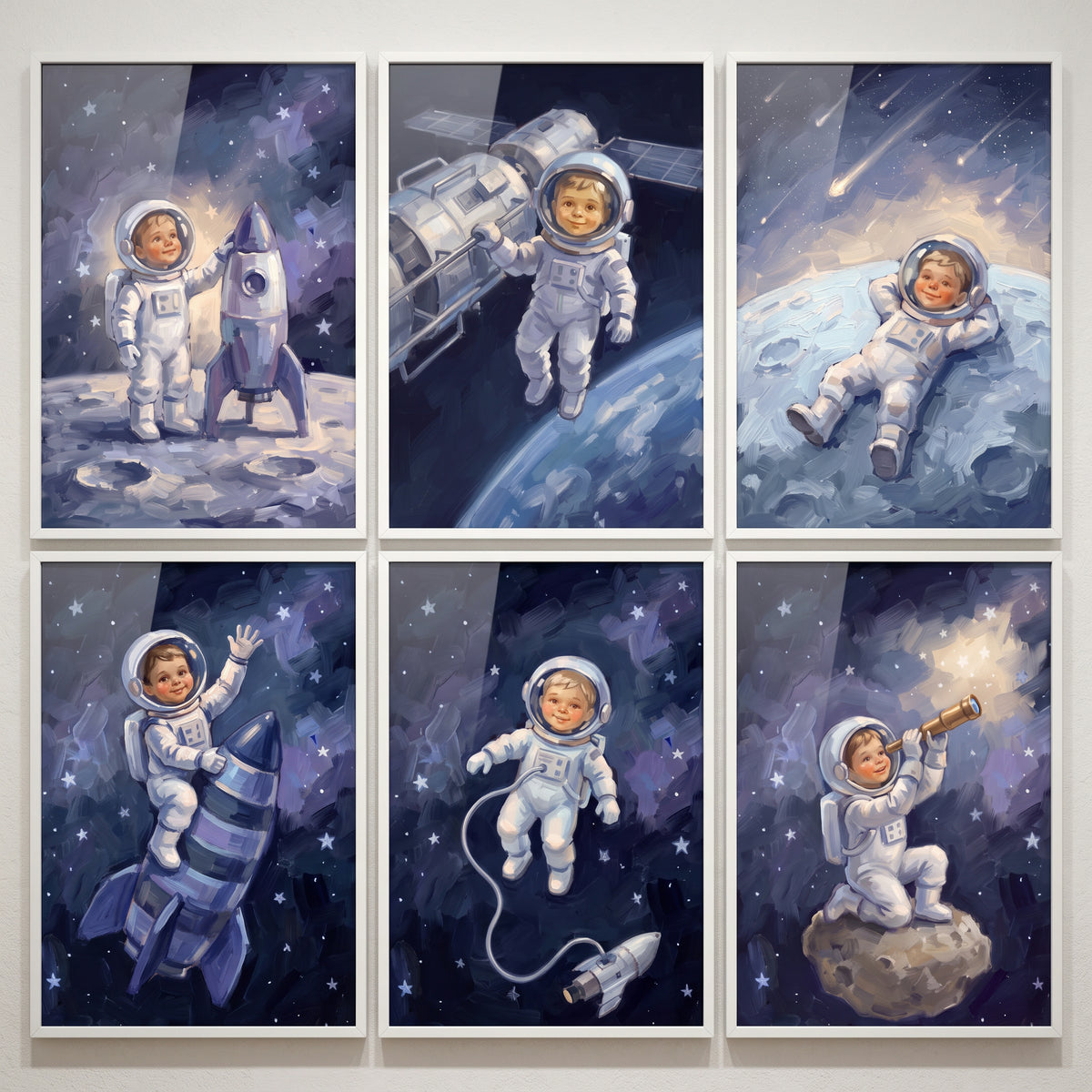Shimmering star baby astronaut artwork set of 6 features a cosmic child exploring moons and rockets in outer space.