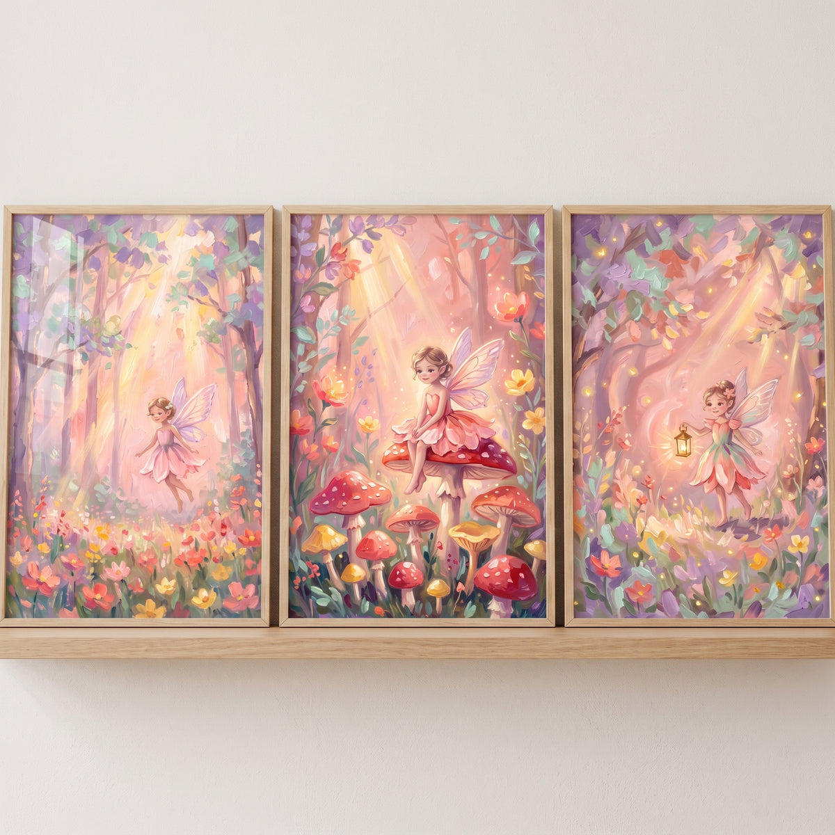 Shimmering sunlit forest fairy wall art set of 3 on a wooden shelf with whimsical winged figures and colorful mushrooms.