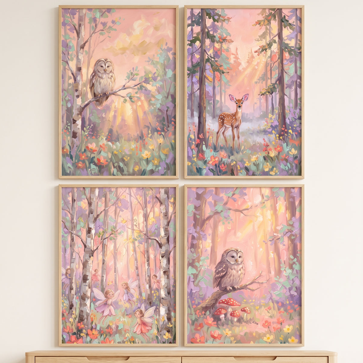 Shimmering Sunlit Woodland Wall Art Set of 4 - Ethereal Nature Dreams