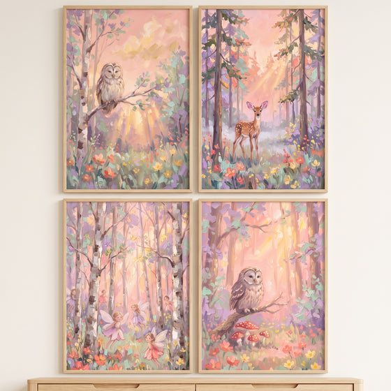 Shimmering sunlit woodland wall art set of 4 depicts owls, a deer, and fairies in pastel, sun-drenched forest scenes.