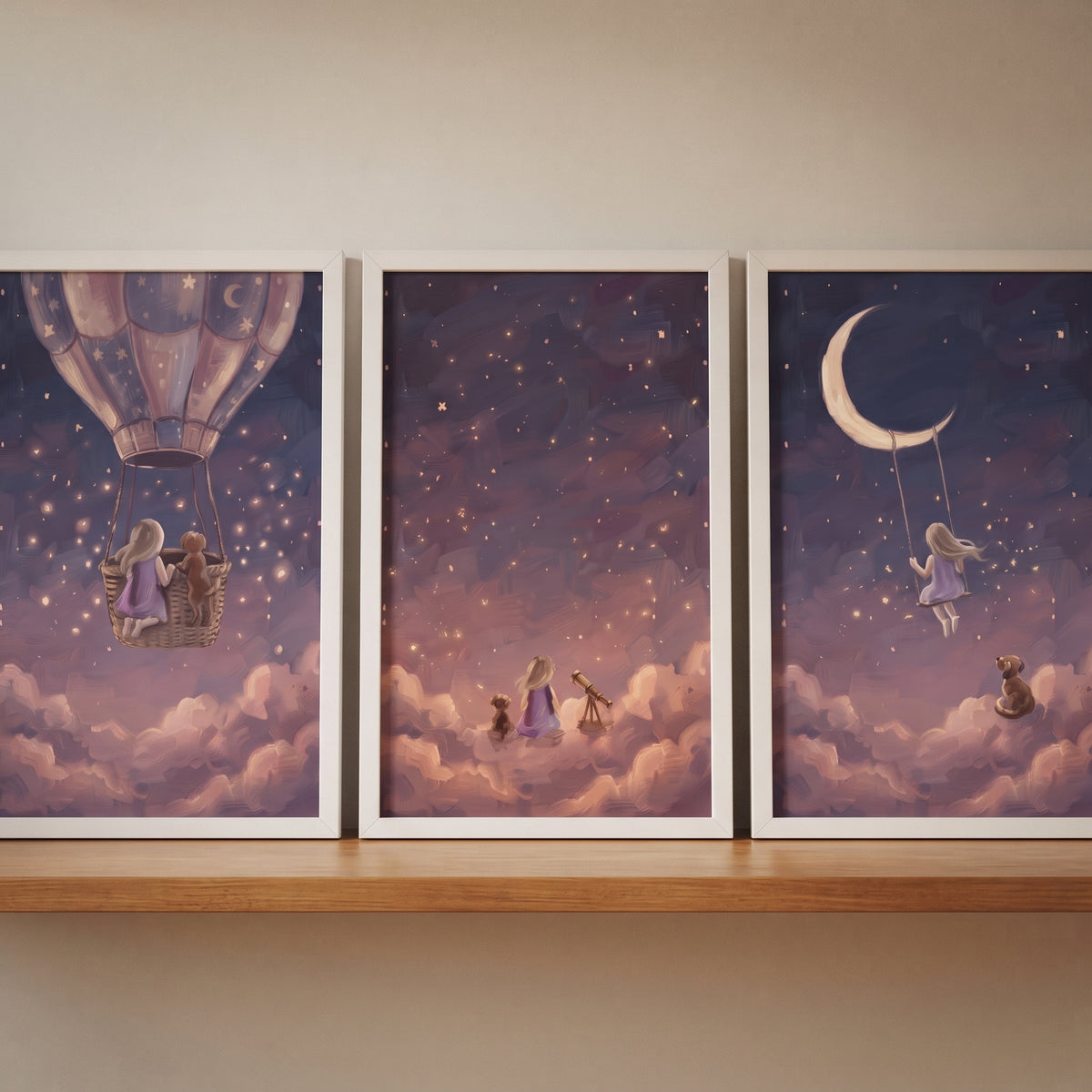 Shimmering violet girl dog wall art set of 3 with a child and puppy among stars, clouds, a moon swing, and a balloon.