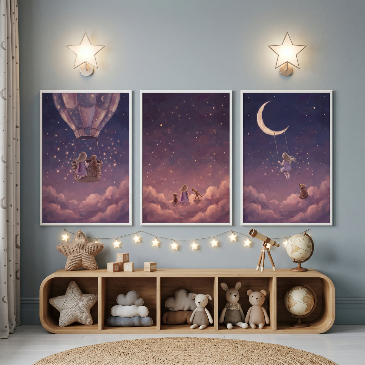 Shimmering Violet Girl Dog Wall Art Set of 3 - Stellar Sky Friends